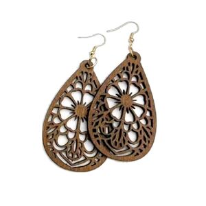 Wooden Floral Teardrop Dangle Earrings